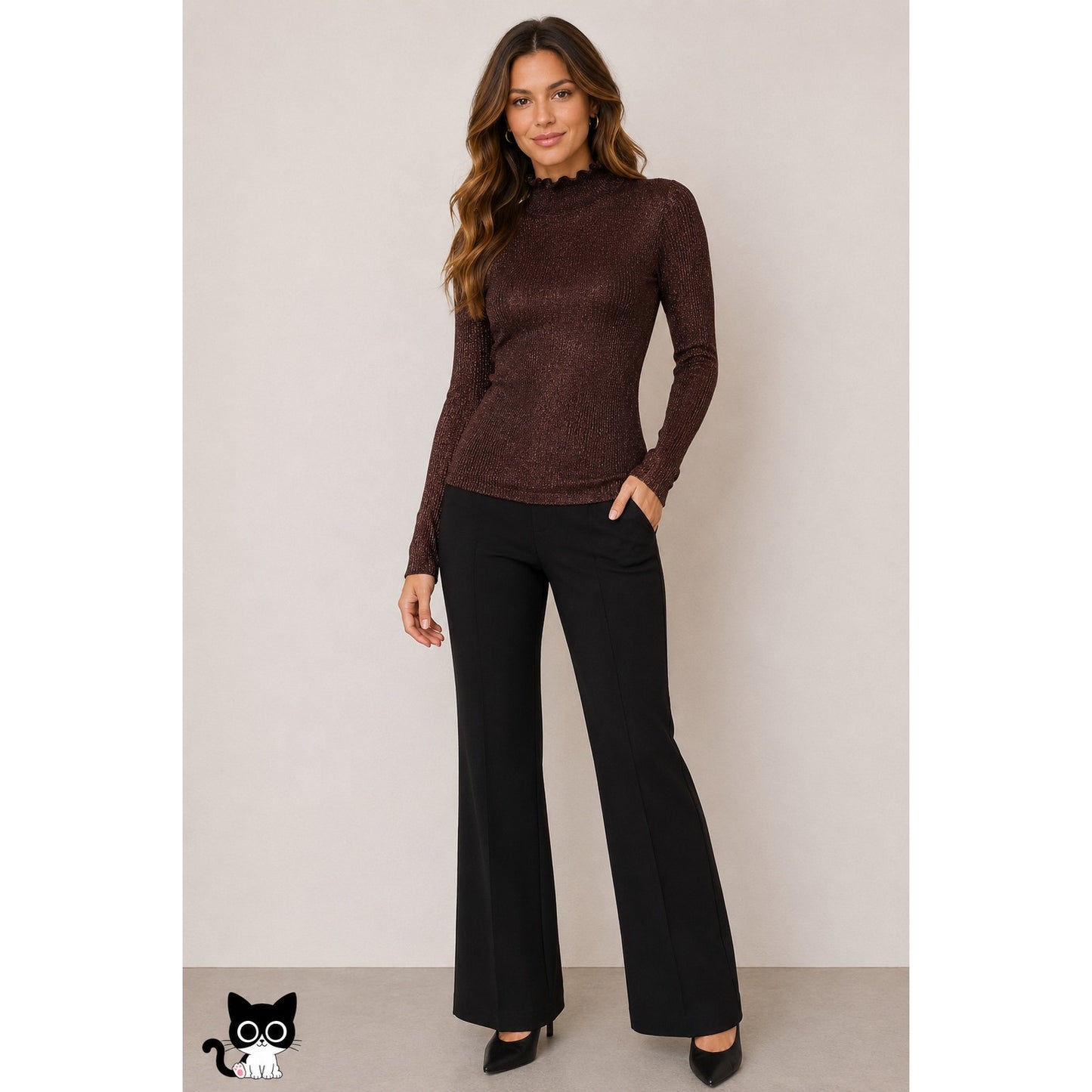 NWT With Black Victoria Metallic Bronze Pullover Ruffle Mock Neck Top S