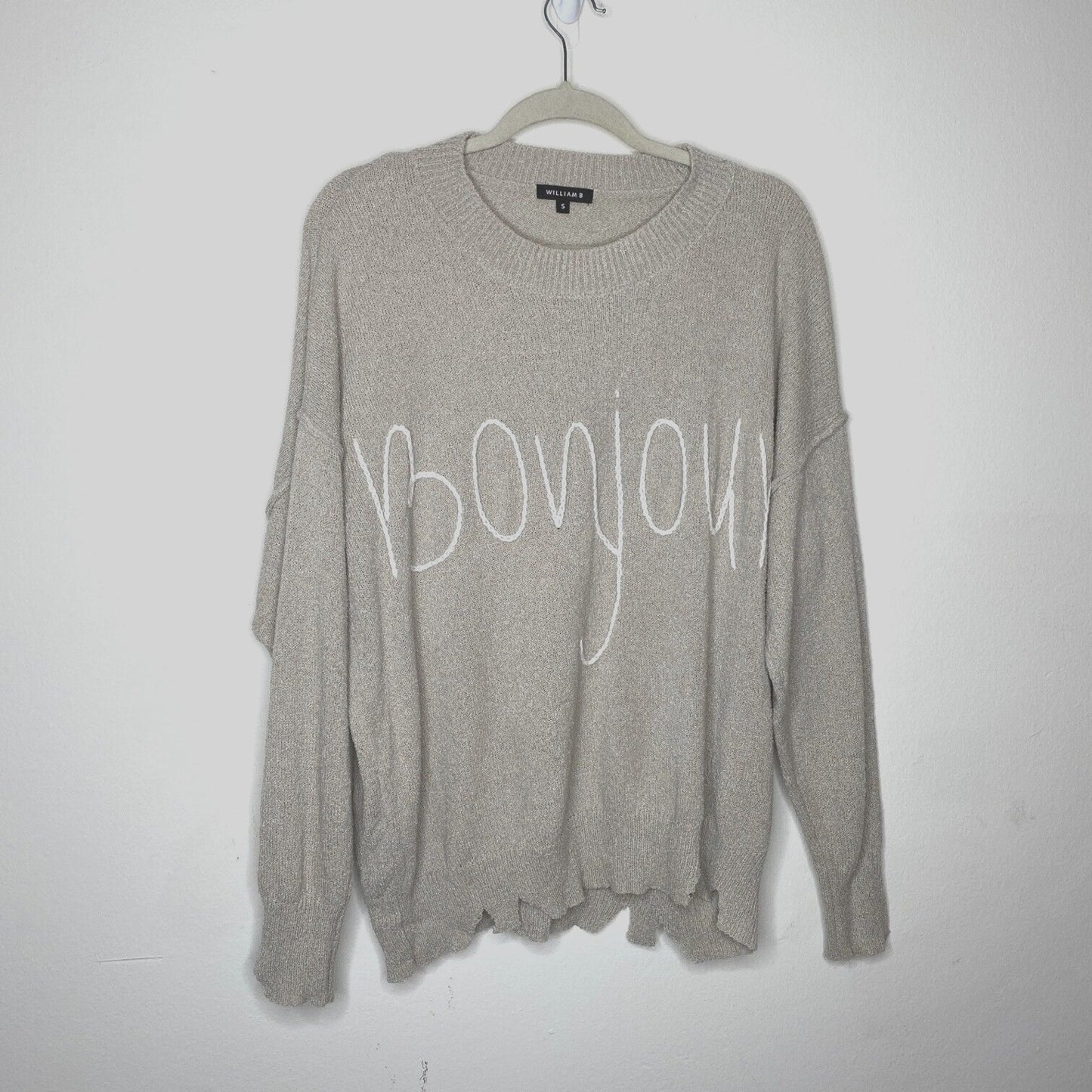 William B Taupe Bonjour Embroidered Oversize Distressed Sweater Long Sleeve S