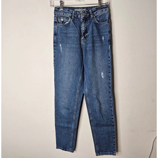 Topshop Medium Blue Wash Moto Mom Jeans 5-Pocket Distressed Straight Leg 25