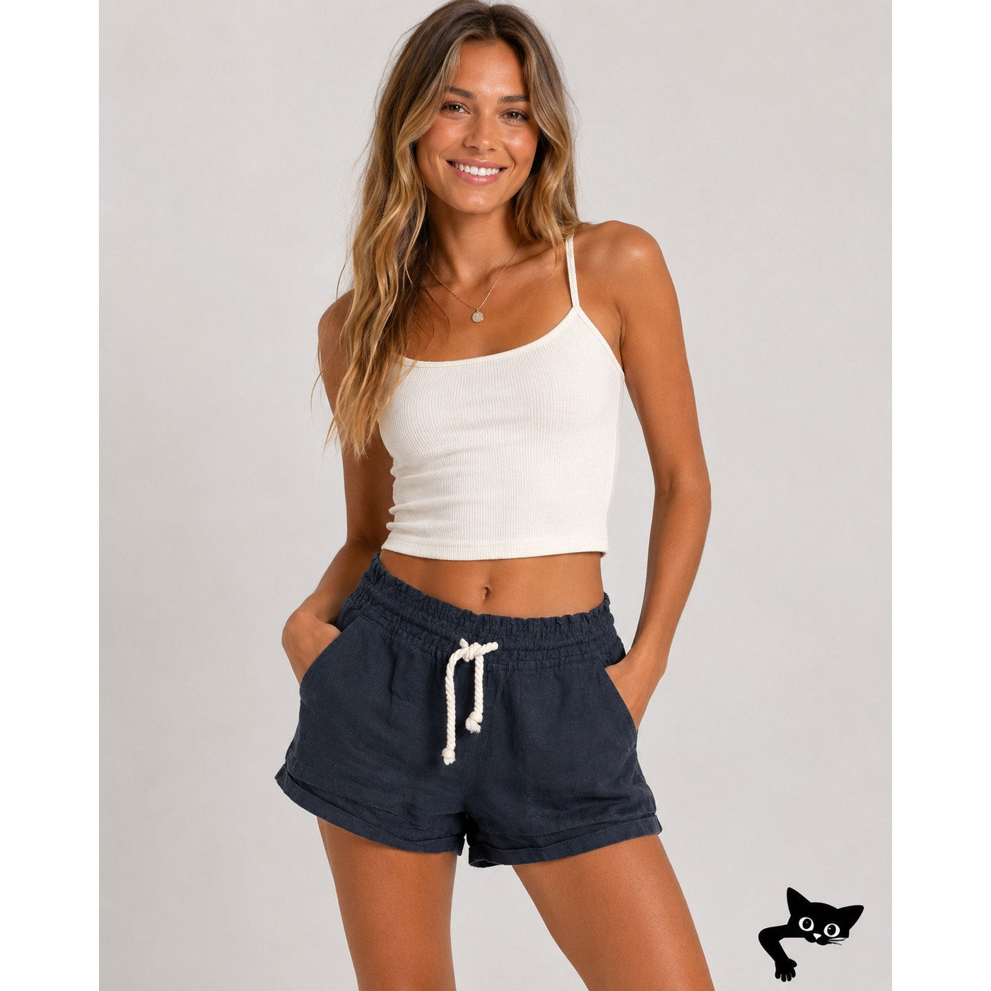 Roxy Oceanside Black Linen Elasticized Cream Rope Tie Shorts M