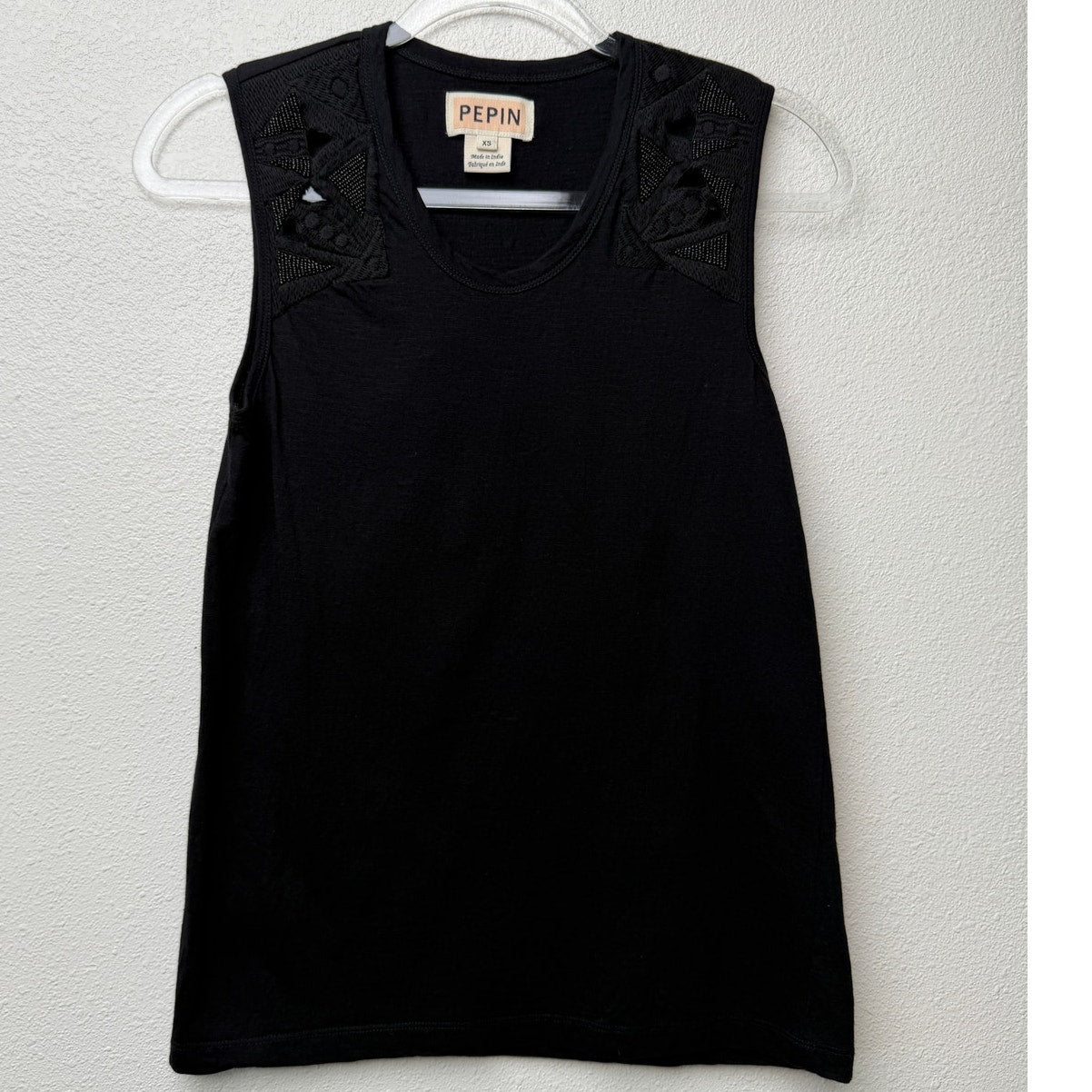 Pepin Black Beaded Shoulder Sleeveless Scoop Neck Top XS