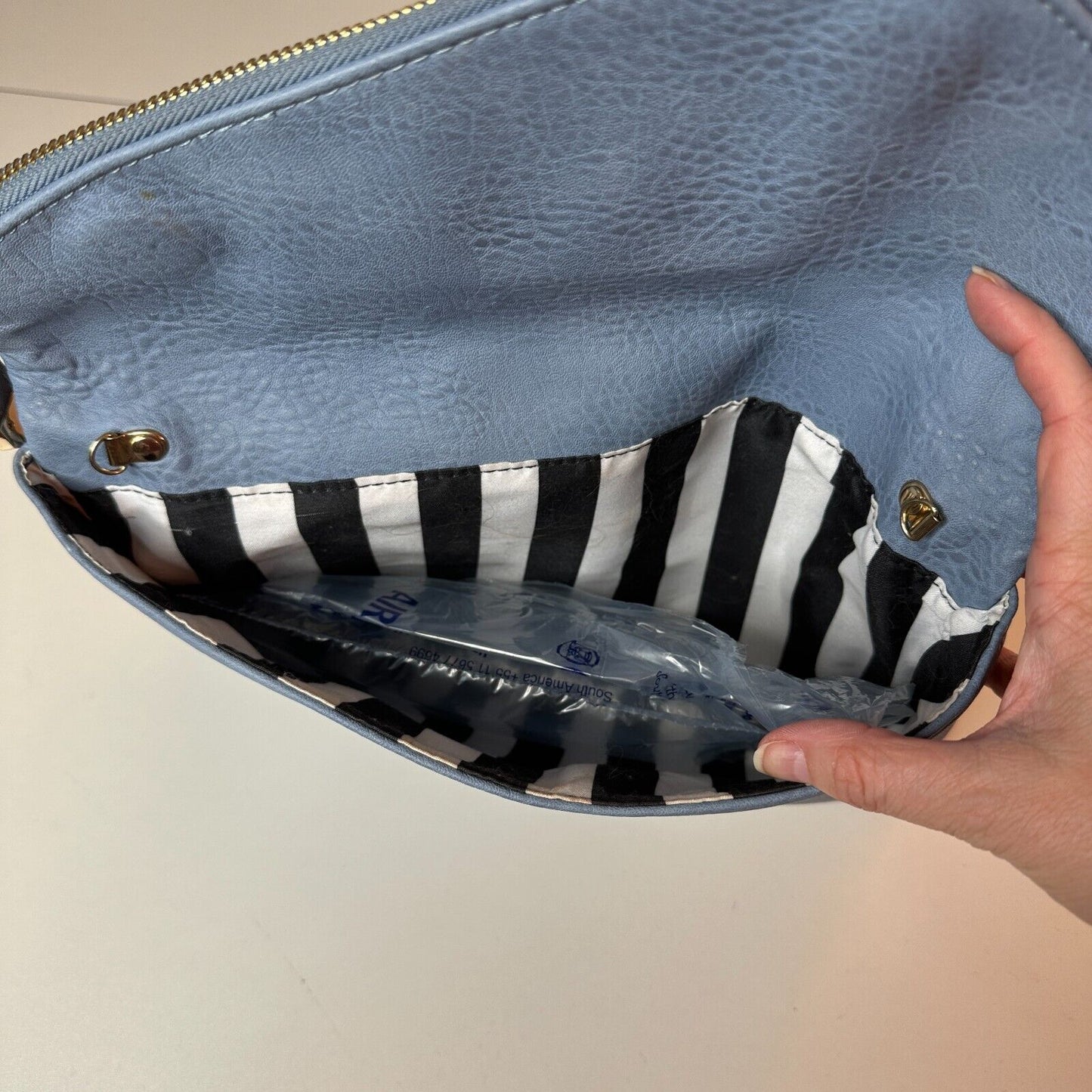 Urban Expressions Stella Dusty Blue Pebble Vegan Striped Interior Leather Clutch