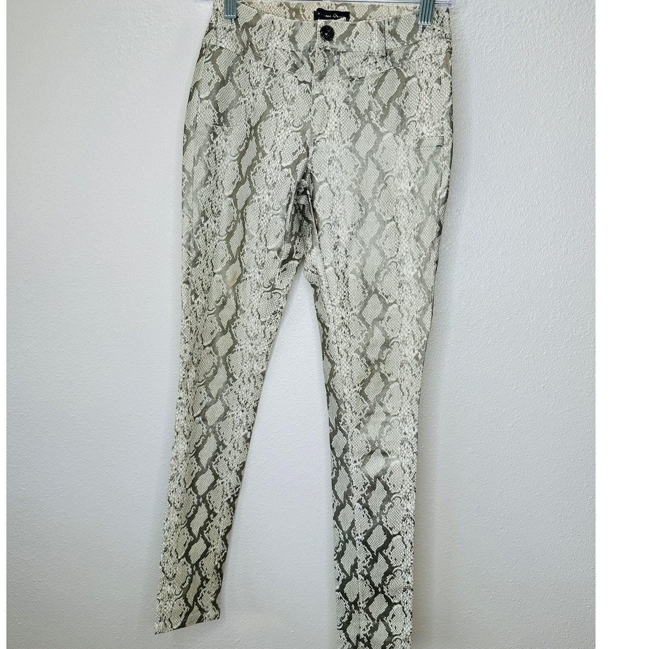 Caribbean Queen Cream & Silver Metallic Snake Print Front Zip Skinny Jegging S