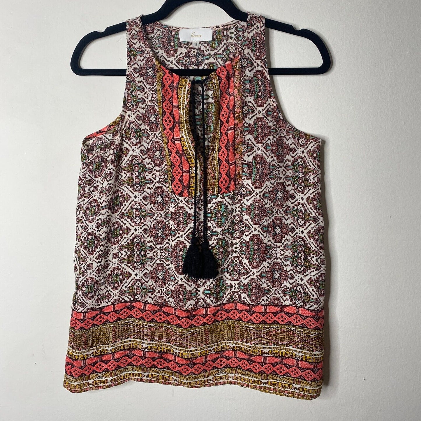 Braeve Brown Peach Teal and Cream Aztec Front Tie Sleeveless Tank Extra Small