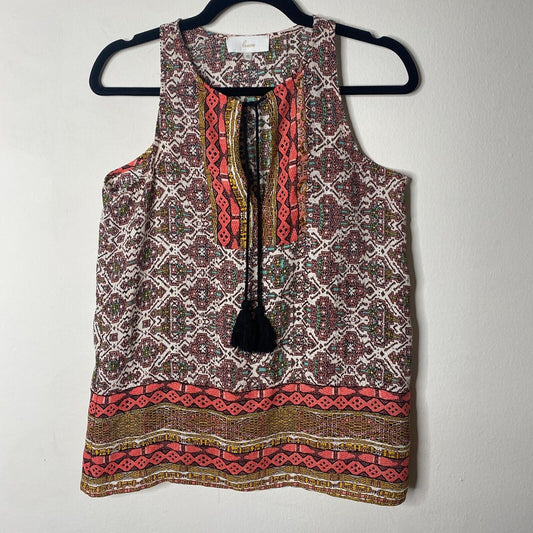 Braeve Brown Peach Teal and Cream Aztec Front Tie Sleeveless Tank Extra Small