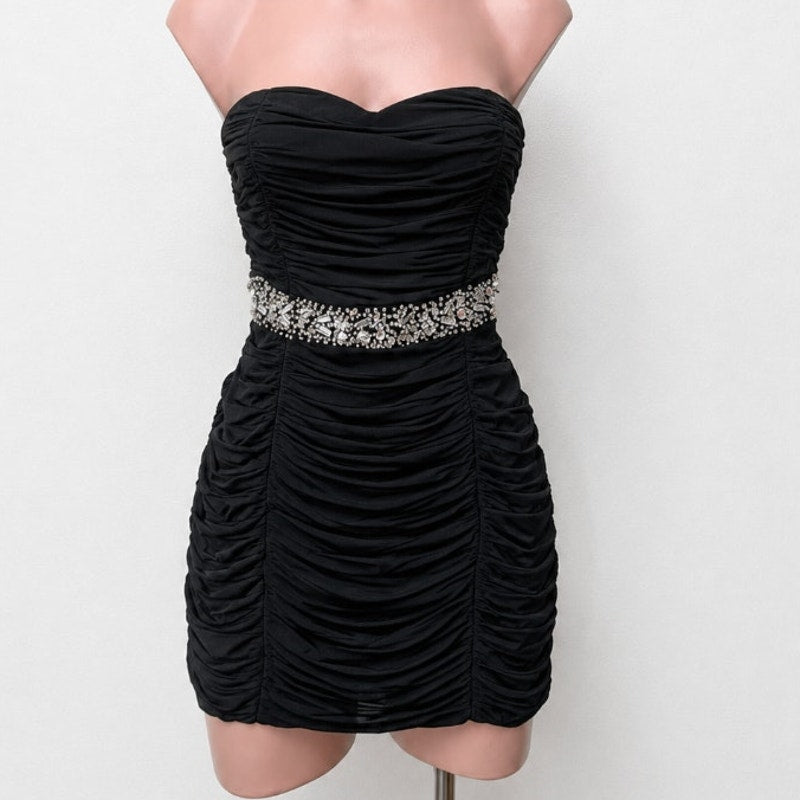 Nikibiki Black Strapless Ruched Bedazzled Rhinestone Front Waist Belt Mini Small