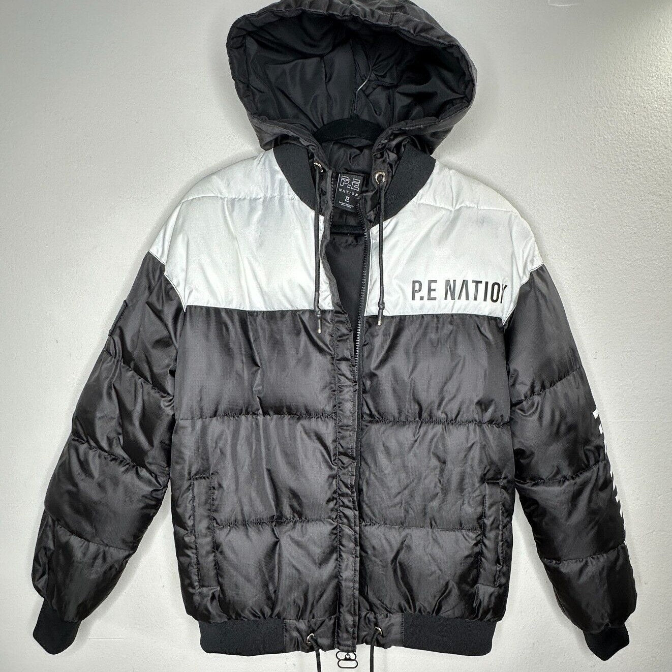 PE Nation Black & White Lead Right Logo Print 004 Zip Lined Puffer Jacket XS