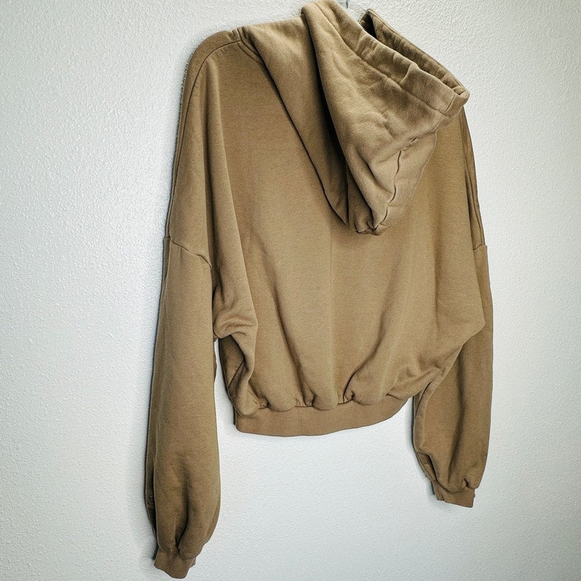 Popflex Tan Taupe Kangaroo Pocket Drop Shoulder Crop Pullover Hoodie S/M