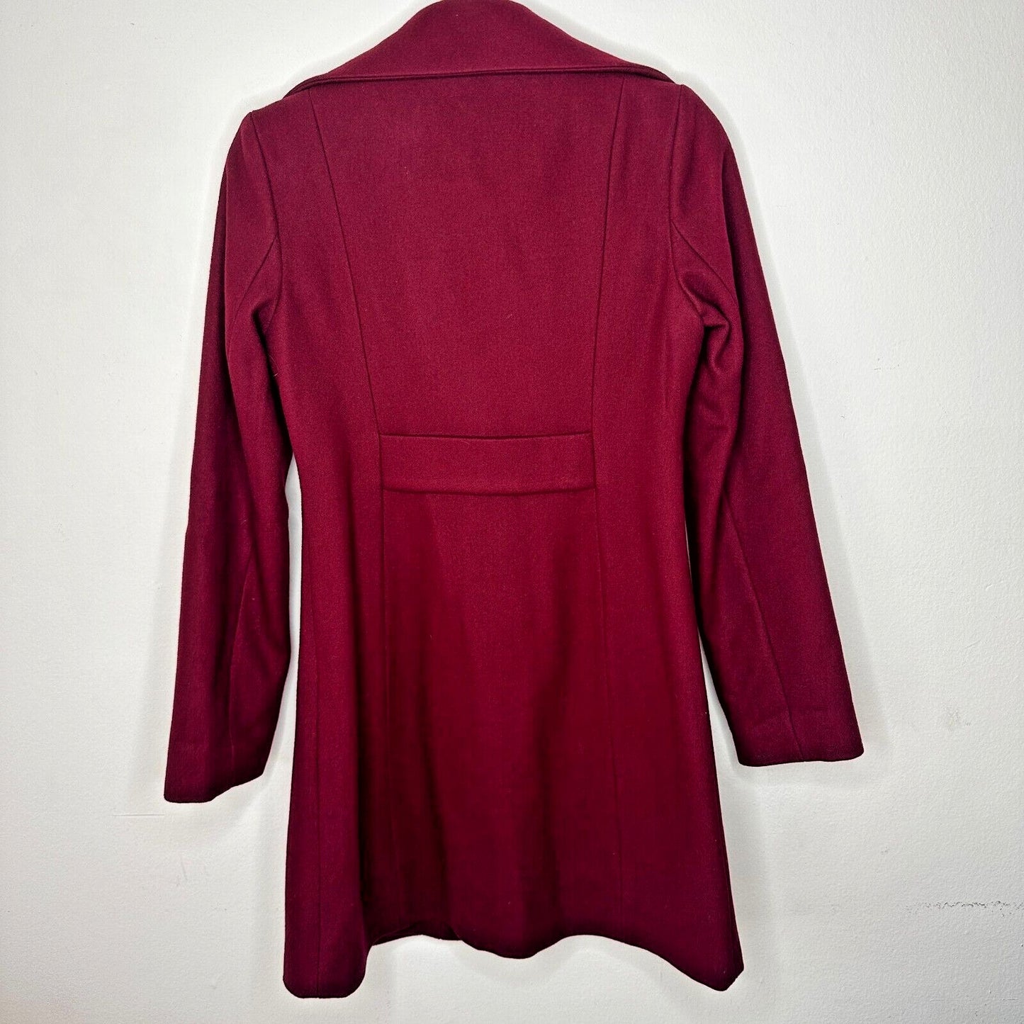 Mossimo Burgundy Red Wool Fitted Long Line Front two Button Coat Welt Pockets XS