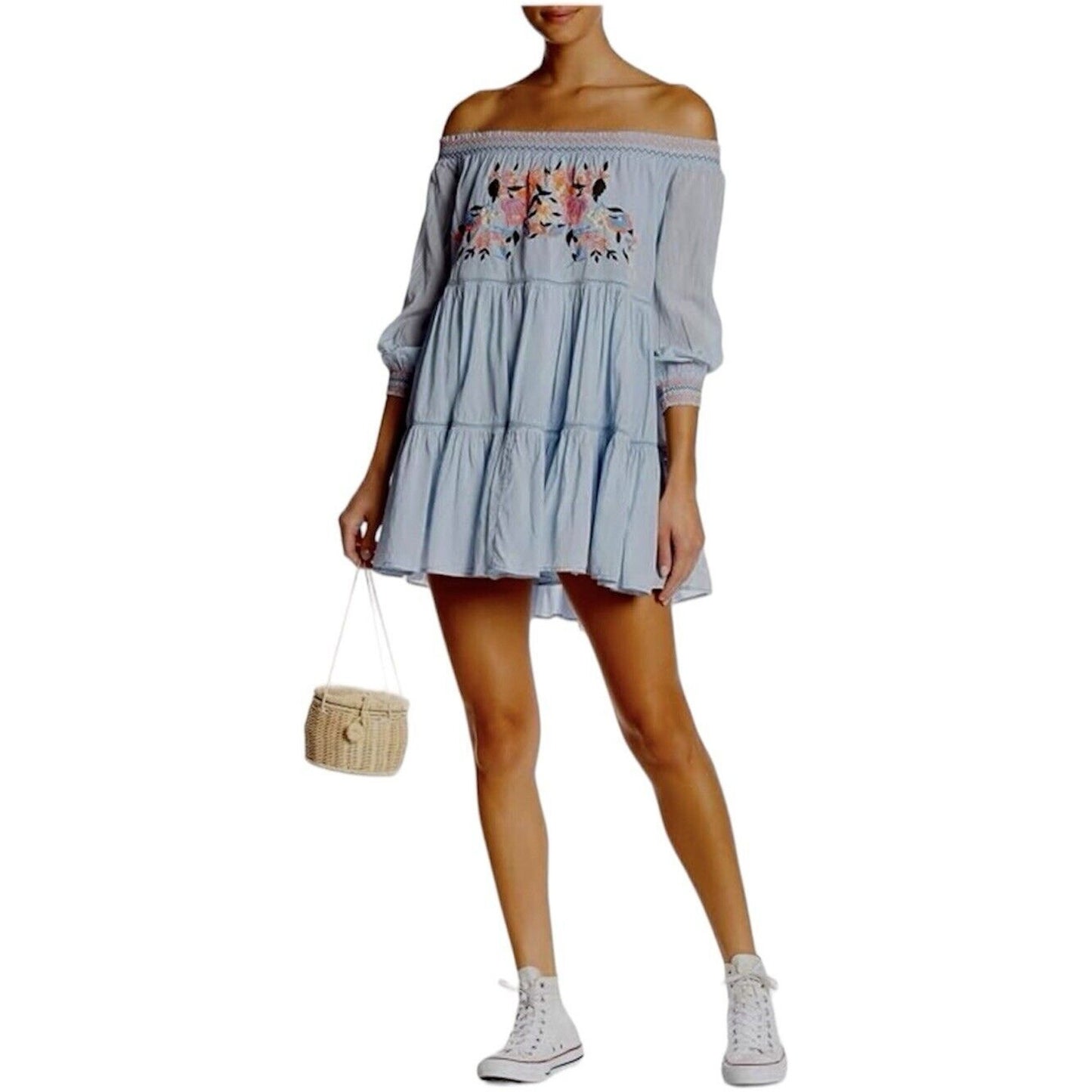 Free People Baby Blue Smocked Off Shoulder Embroidered Tiered Ruffle Mini Dress