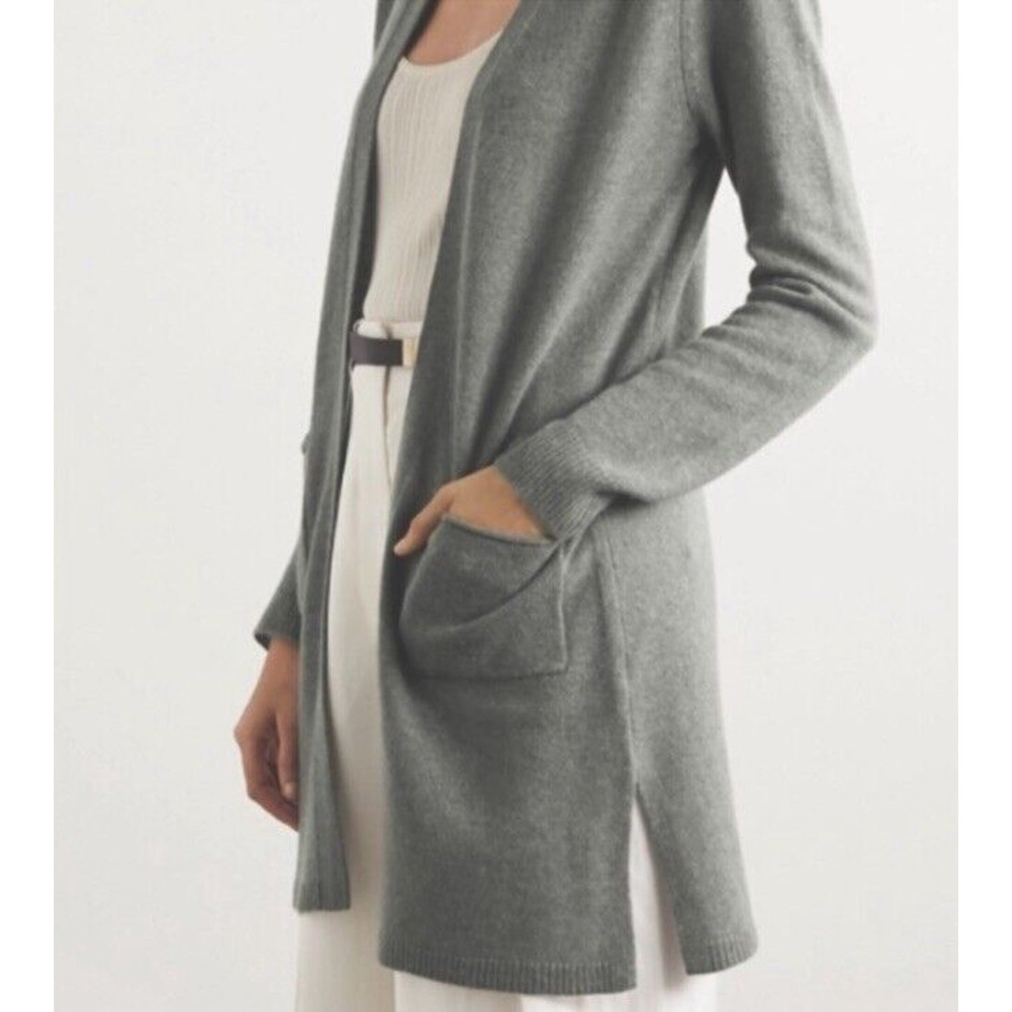 ATM Gray 100% Cashmere Open Front Long Sleeve Patch Pockets Side Slits Med