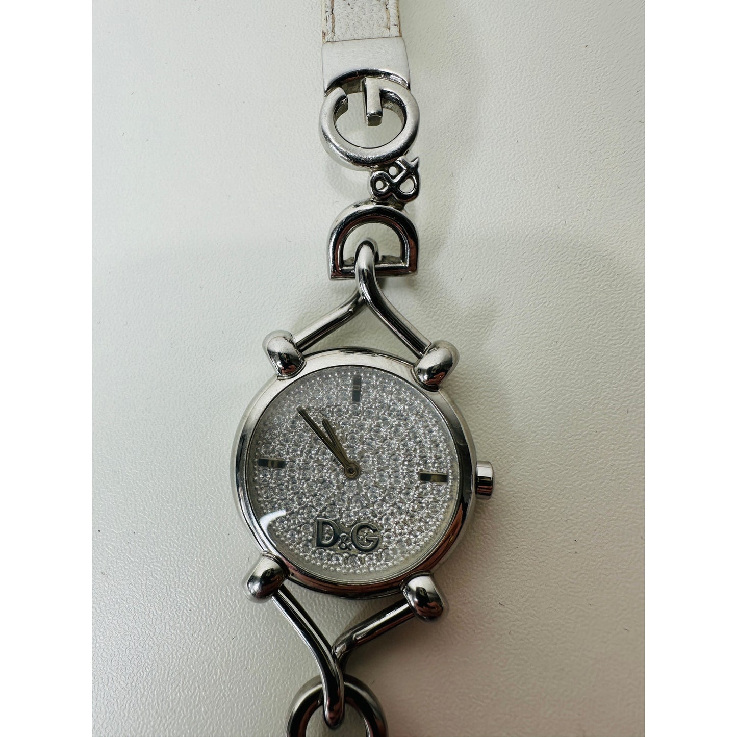 Dolce & Gabbana Ladies Silver Flock Diamante Quartz Watch White Band