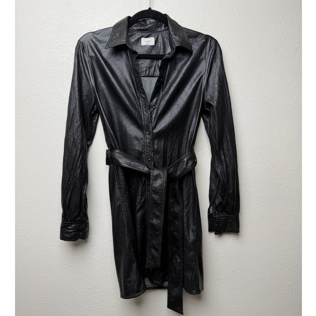 Aritzia Wilfred Caroline Black Vegan Leather Belted Shirt Dress Women's US XXS