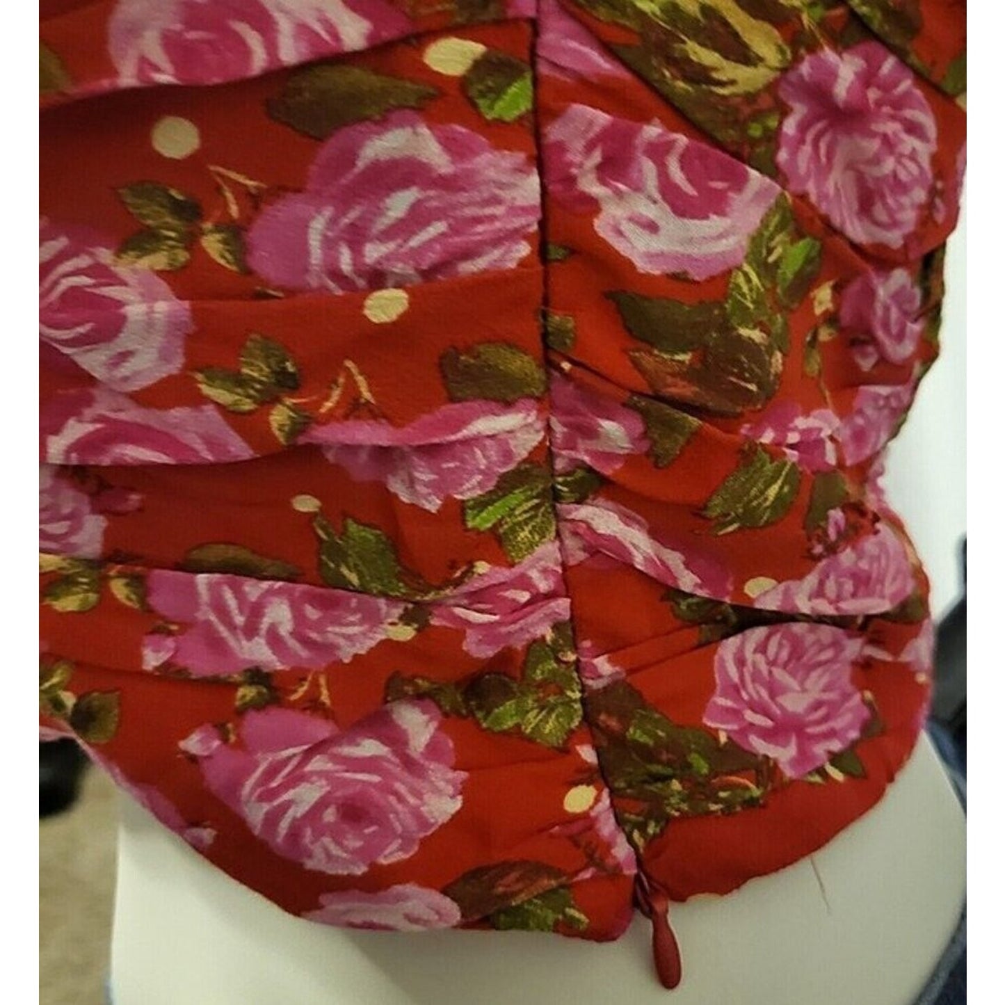Zara Red & Pink Floral Print Long Puff Sleeve Side Zip Ruche Waist Crop Top L