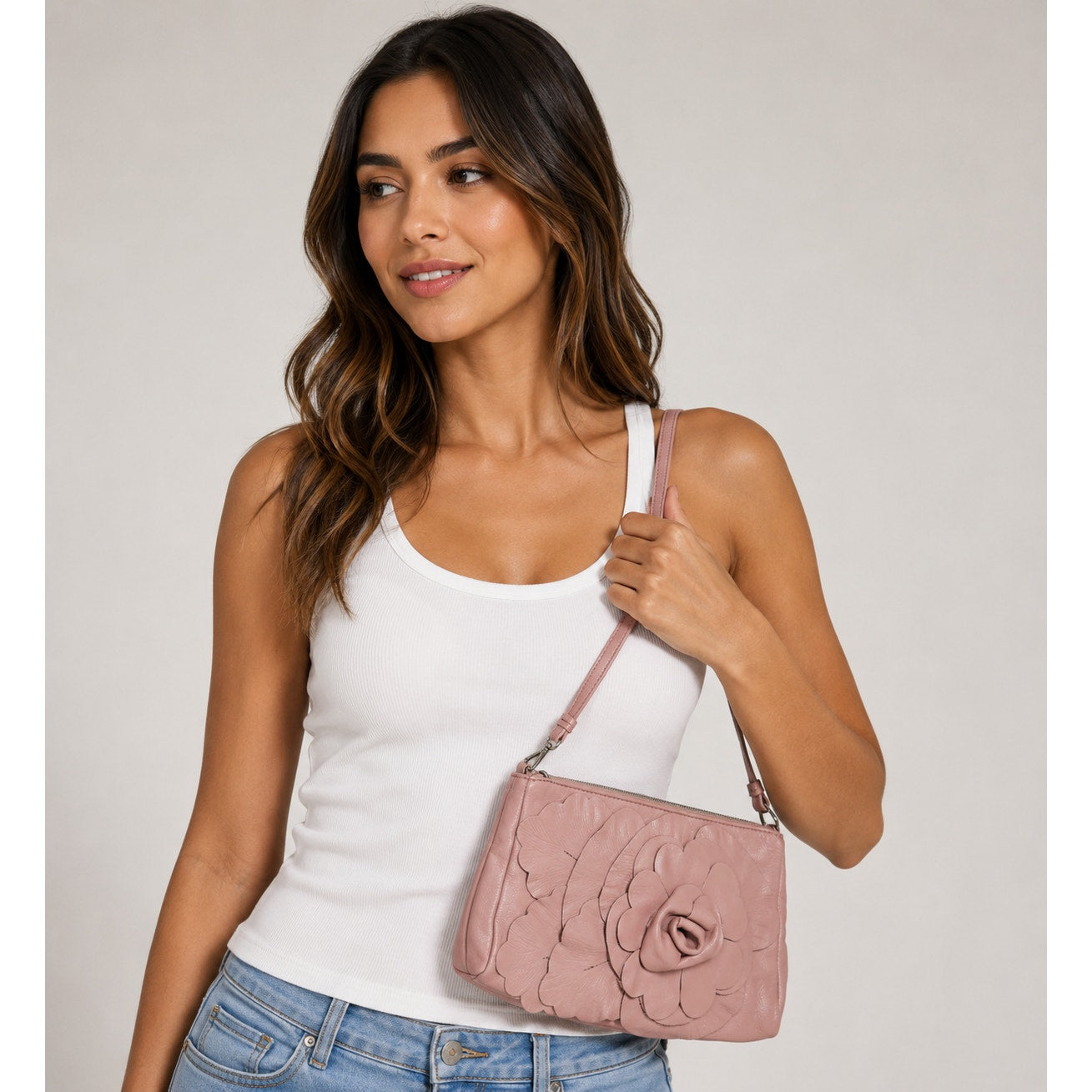 NWOT Furla Dusty Pink Floral Leather Embellished Handbag