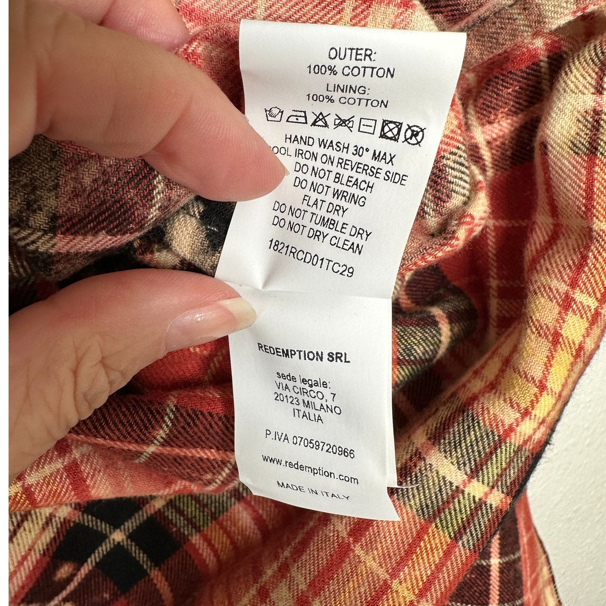 NWT Redemption Handmade Distressed Olive Military Shirt with Plaid Hem 44 / M