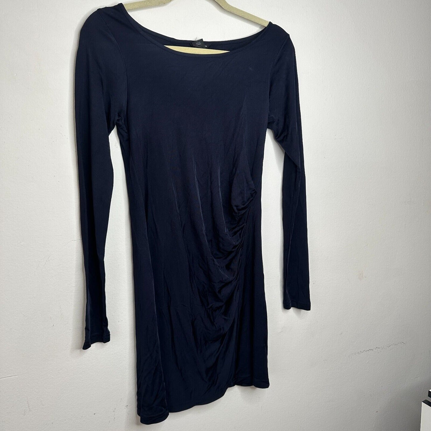 Club Monaco Sexy Jet Black Bodycon Long Sleeve Boat Neck Side Ruche Mini00