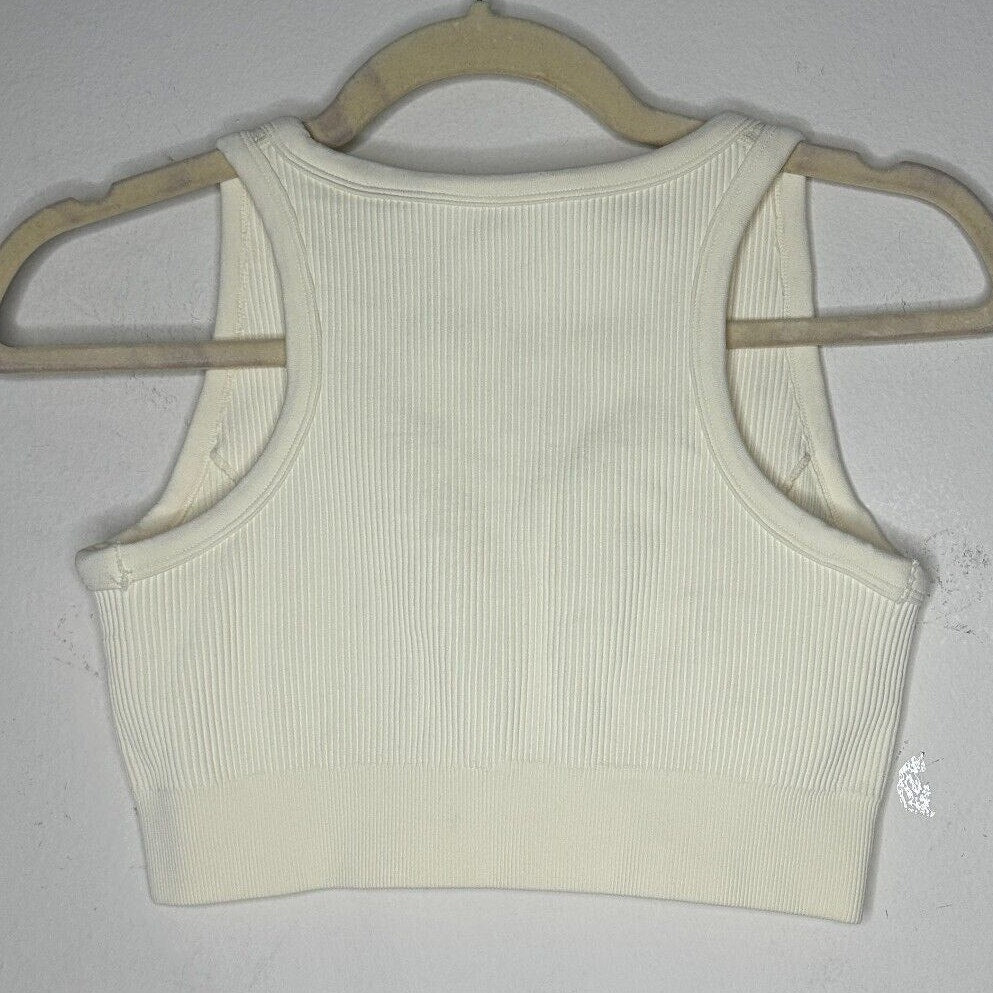 Cream Ribbed Knit Cut Front V-Neck Soft Sports Bra Crop Top No Inserts Medium