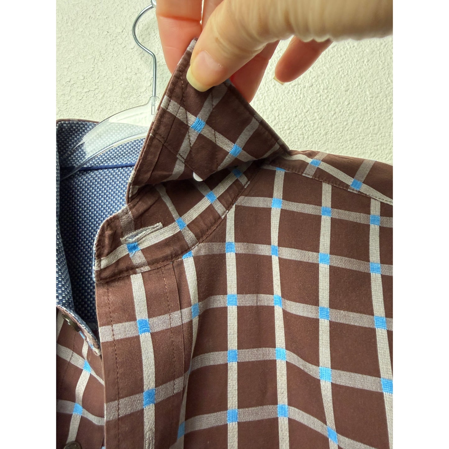 Bugatchi Plaid Button Front Long Sleeve Shirt Mens L Blue Brown