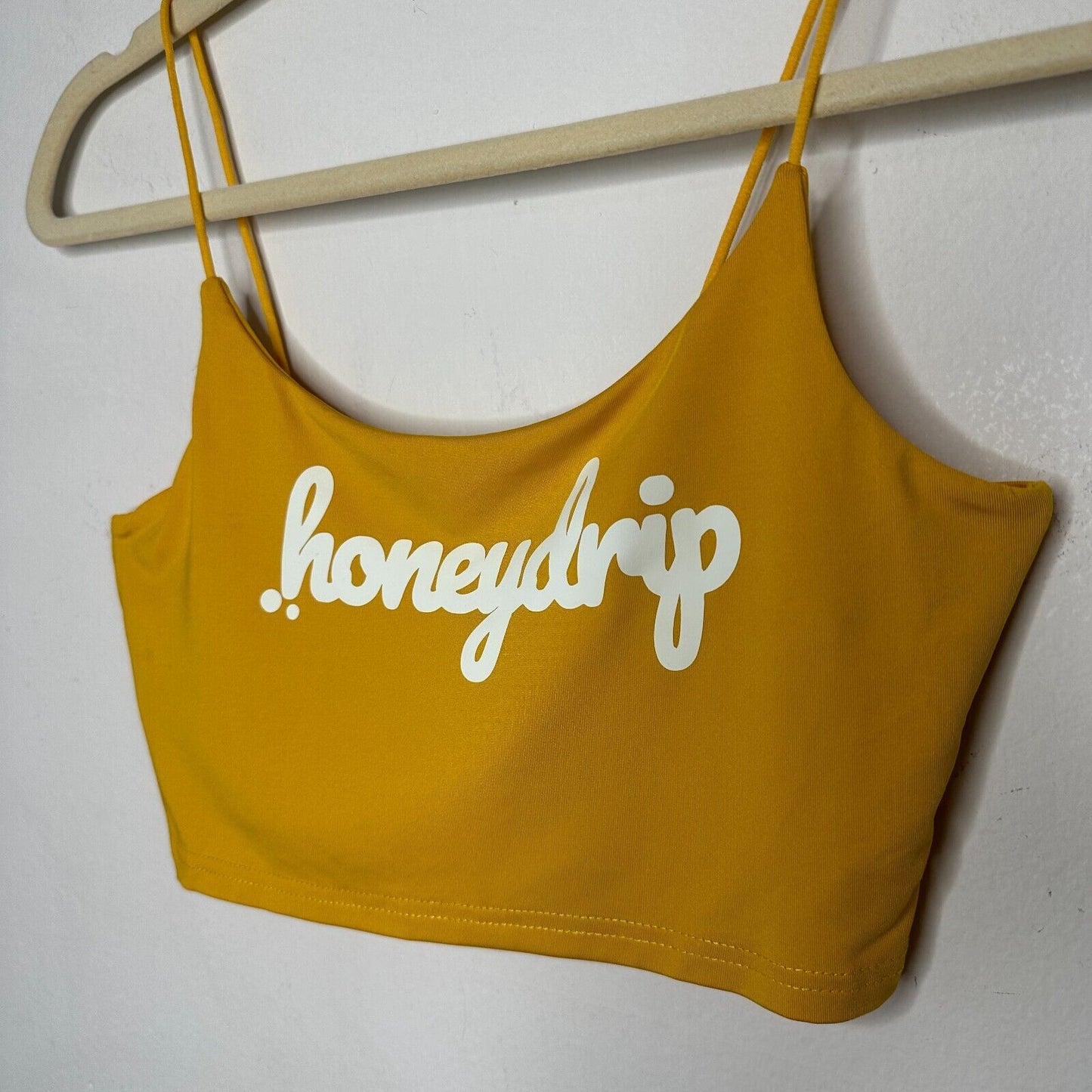 Mustard Yellow Honeydrip Graphic Crop Top Stretchy Spaghetti Strap Cami S