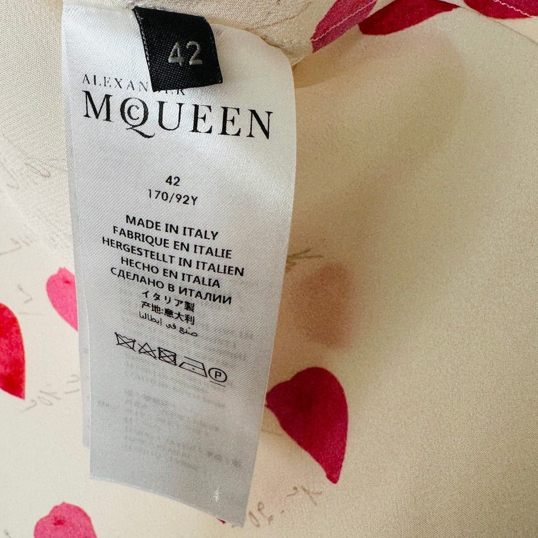 Alexander McQueen Silk Cream Red Pink Petal Long Sleeve Blouse 42 / 10