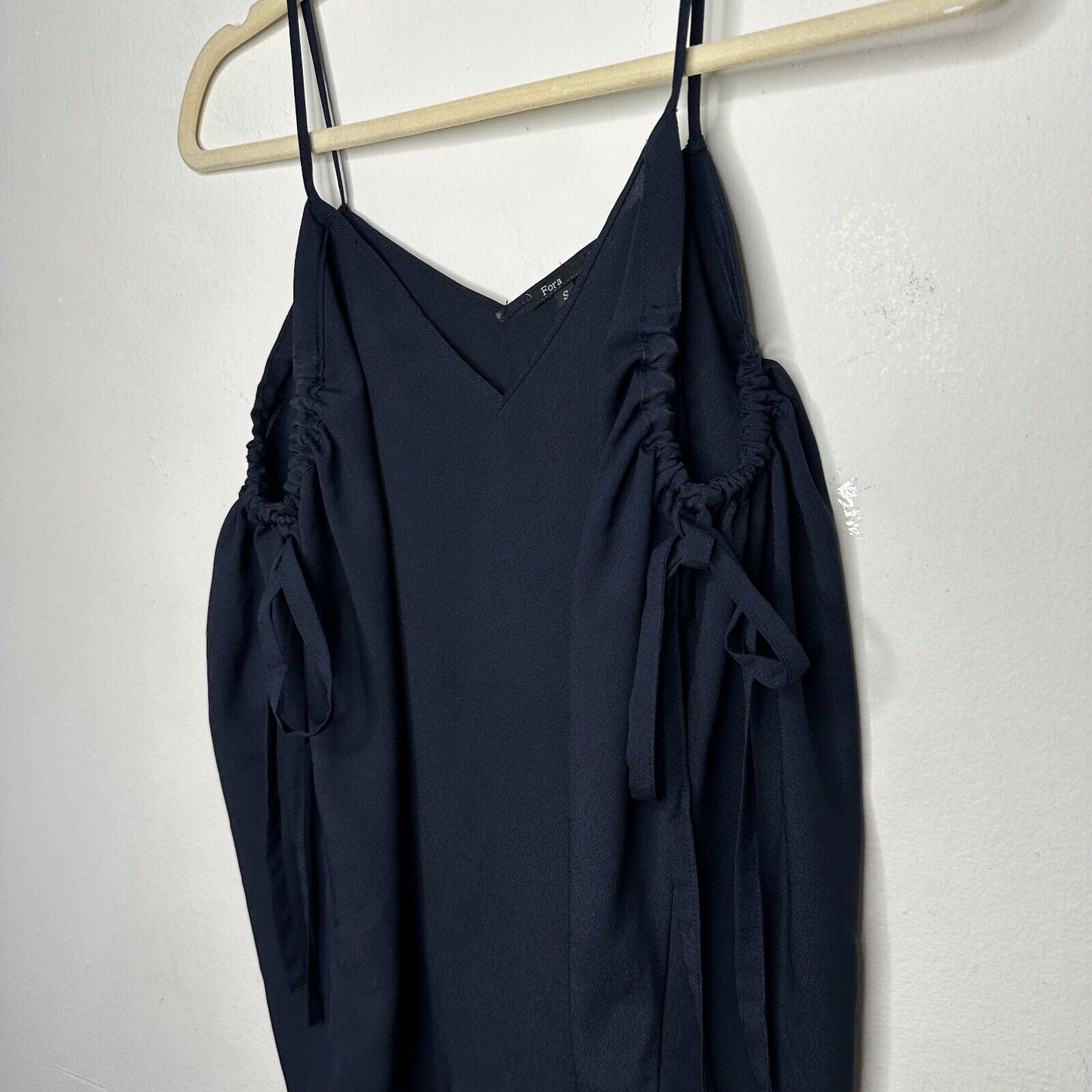 Fora Black Spaghetti Strap V-Neck Cami Ruche & Tie Under Arms Flowy Tank Top S