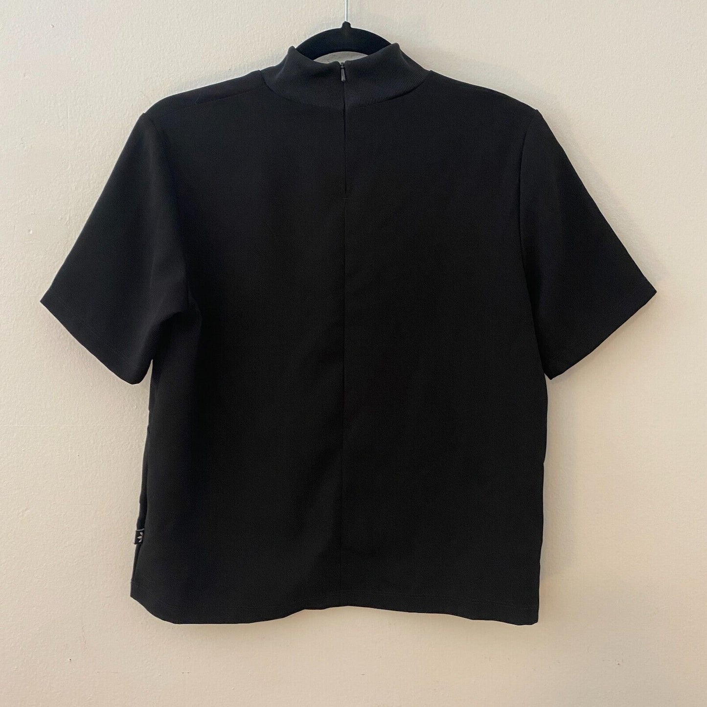 Adidas Black Trefoil Three Stripe Graphic Mock Neck Back Zip Short Sleeve Top S