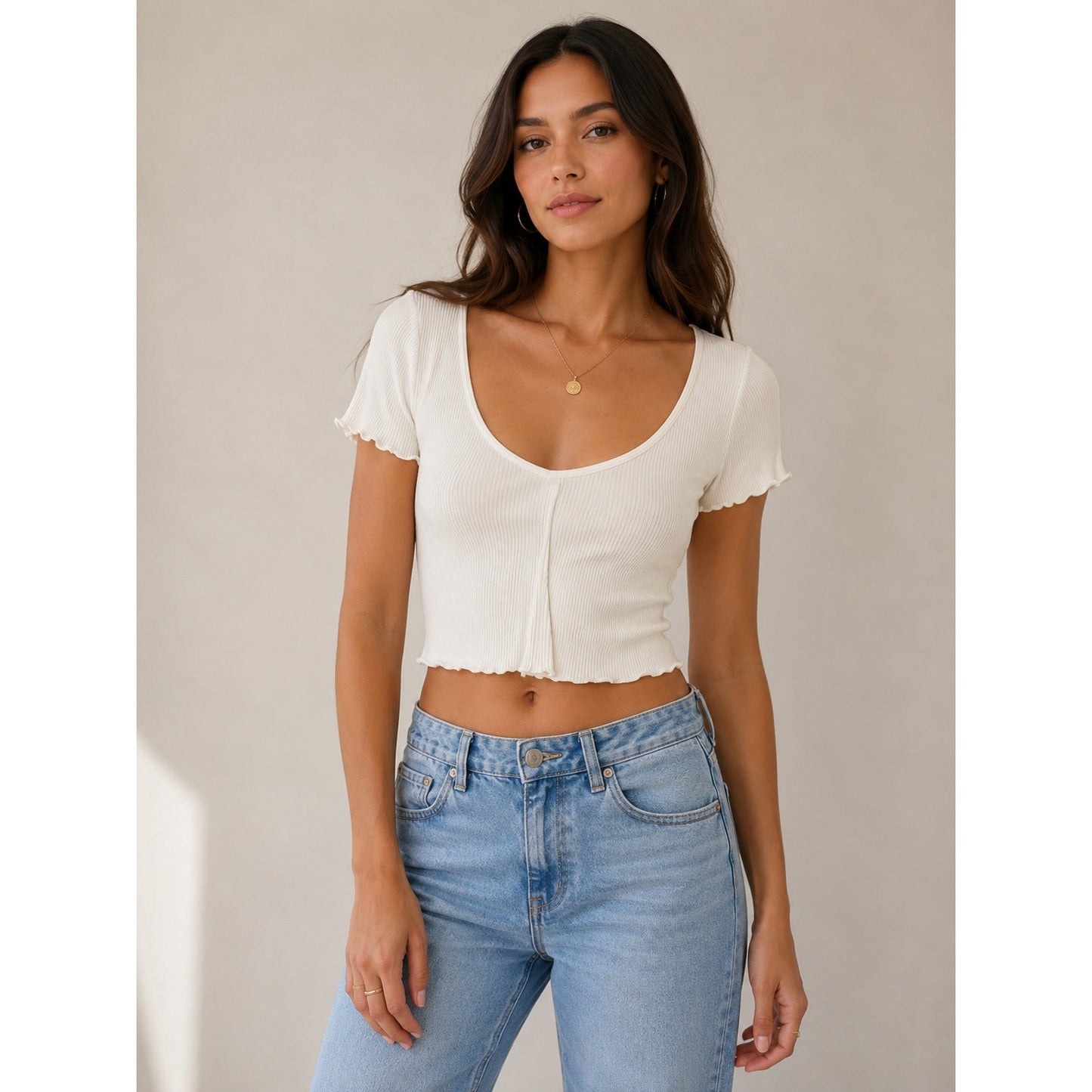 Zara Cream Ribbed Scoop Neck Top Short Sleeve Lettuce Hem Sleeves & Bottom XS
