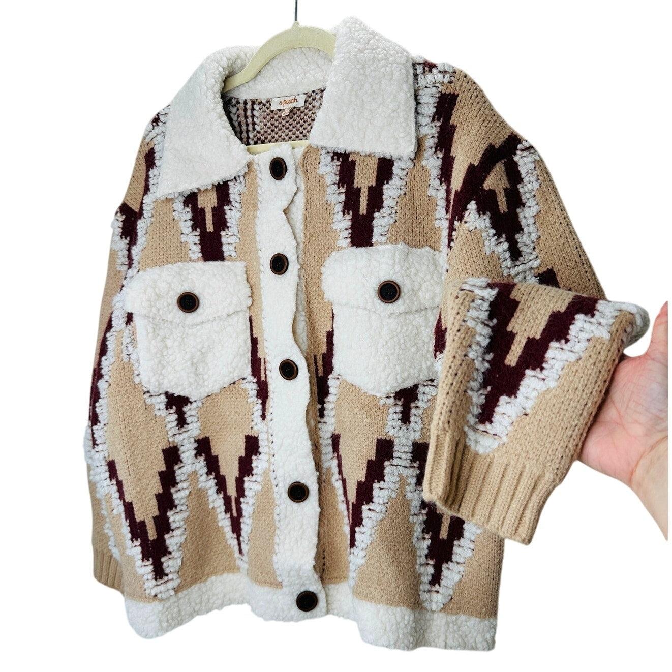 a. peach Tan Ivory Burgundy Southwest Print Button Collared Sweater Jacket S