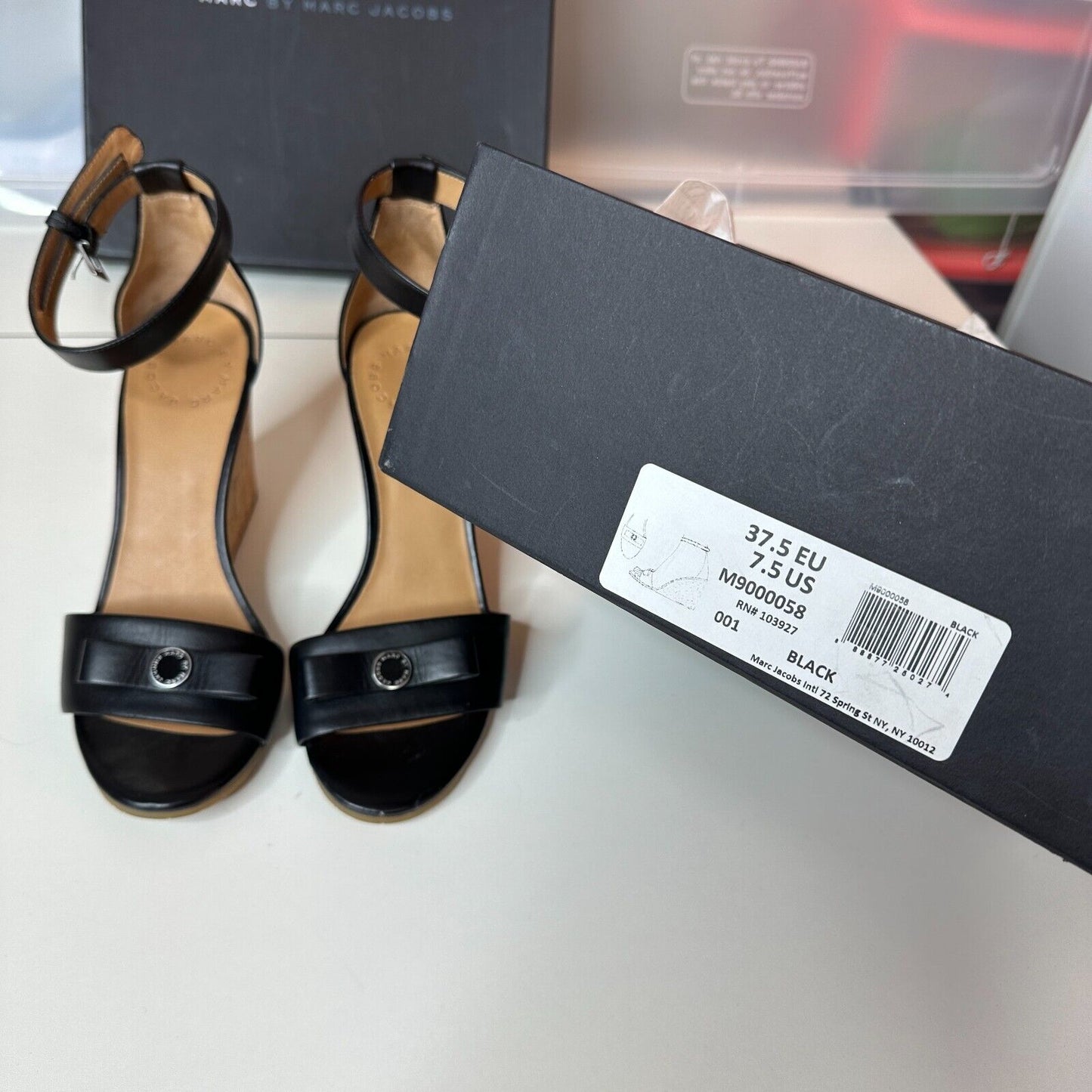 Marc by Marc Jacobs Black Leather & Cork Wedge Ankle Strap Sandals Silver 7.5
