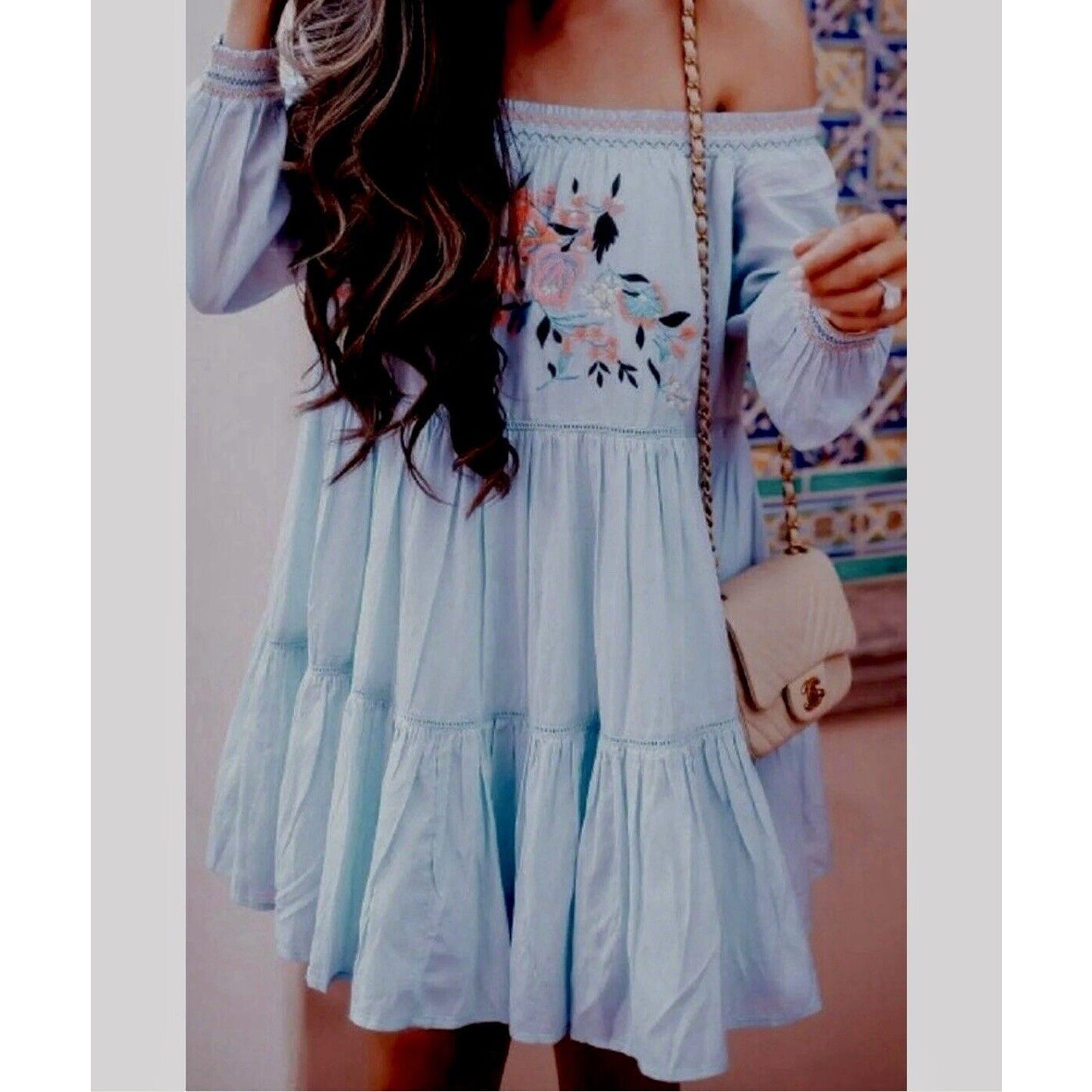 Free People Baby Blue Smocked Off Shoulder Embroidered Tiered Ruffle Mini Dress