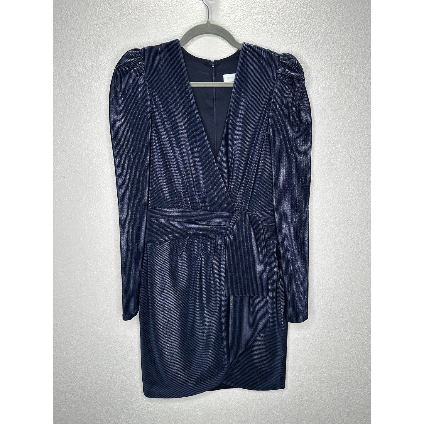 NWT Jonathan Simkhai Navy Metallic Striped Puff Shoulder Tie Waist Dress 2