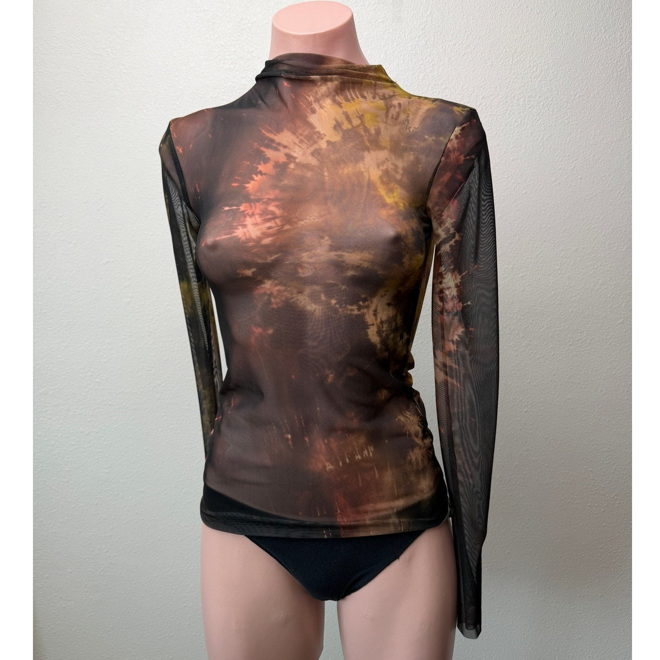 NWT Zara Tie Dye Sheer Mesh Mock Neck Long Sleeve Top