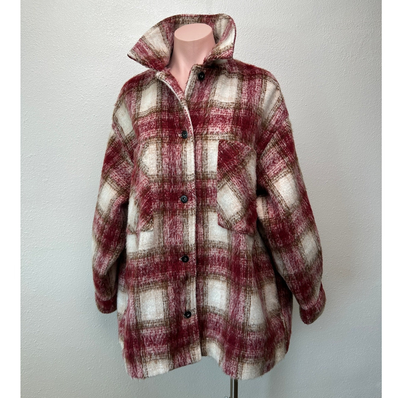 Zara Jacket Red Brown Cream Plaid Womens US XL Fuzzy