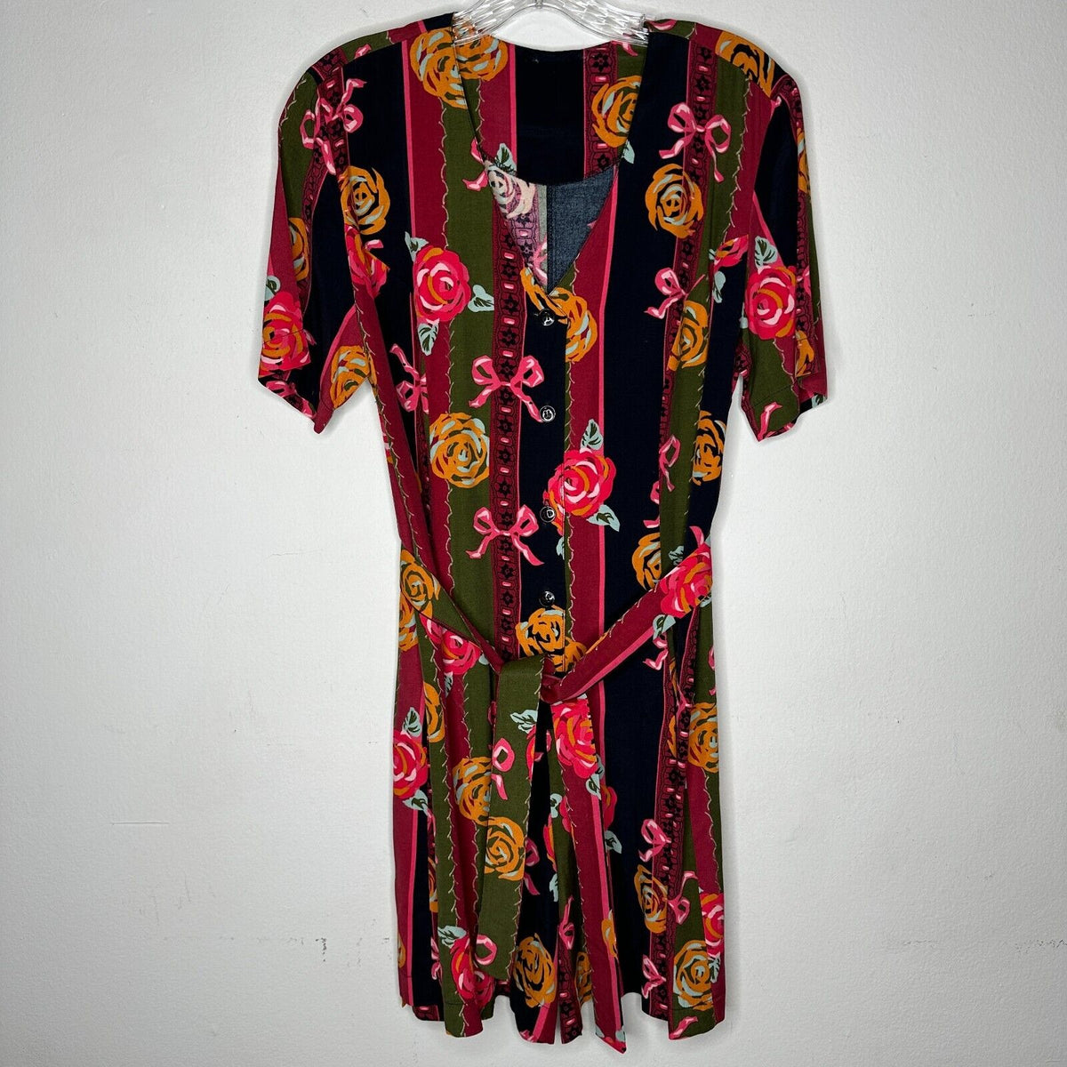 NWT RARE Vintage Dead Stock Black Green Stripe Red Rose Pink Bow Romper Medium