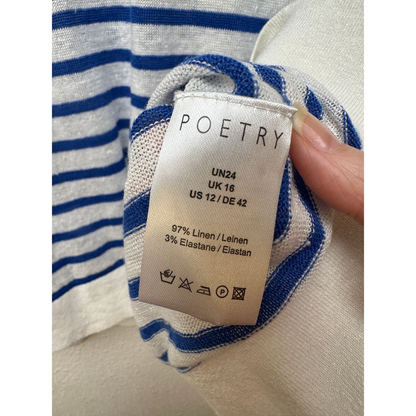 Poetry Ivory Blue Striped Linen Knit Collared V-Neck Boxy Sweater US 12