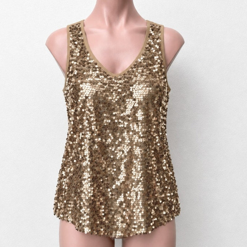 Night Out Copper Metallic Gold Sequin Sleeveless Open Back Tie Tank Blouse S
