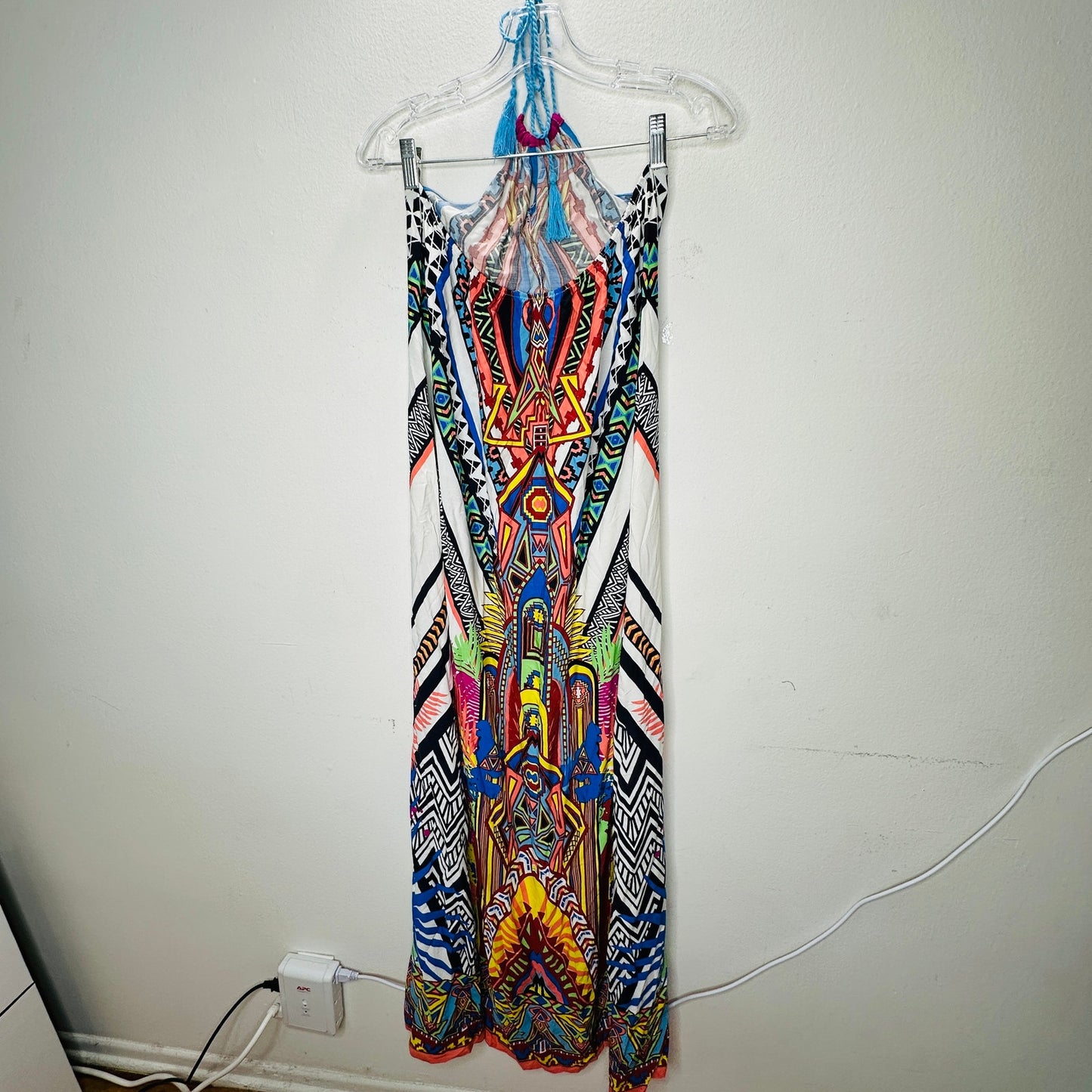Sugarcloth White Blue Peach Multicolor Tribal Halter Maxi Dress