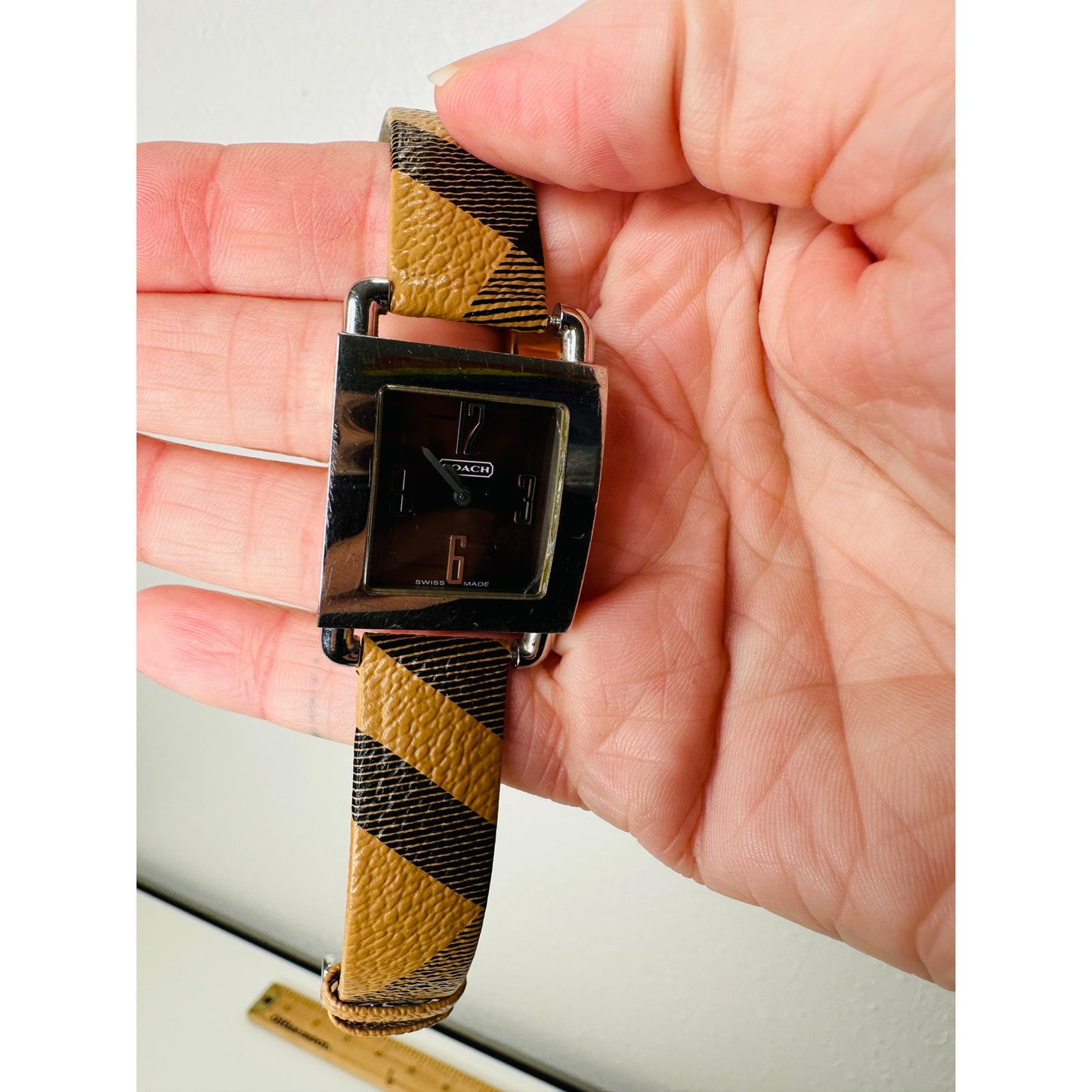 Coach Silver Square Bronze Face Watch Tan Plaid Watchband
