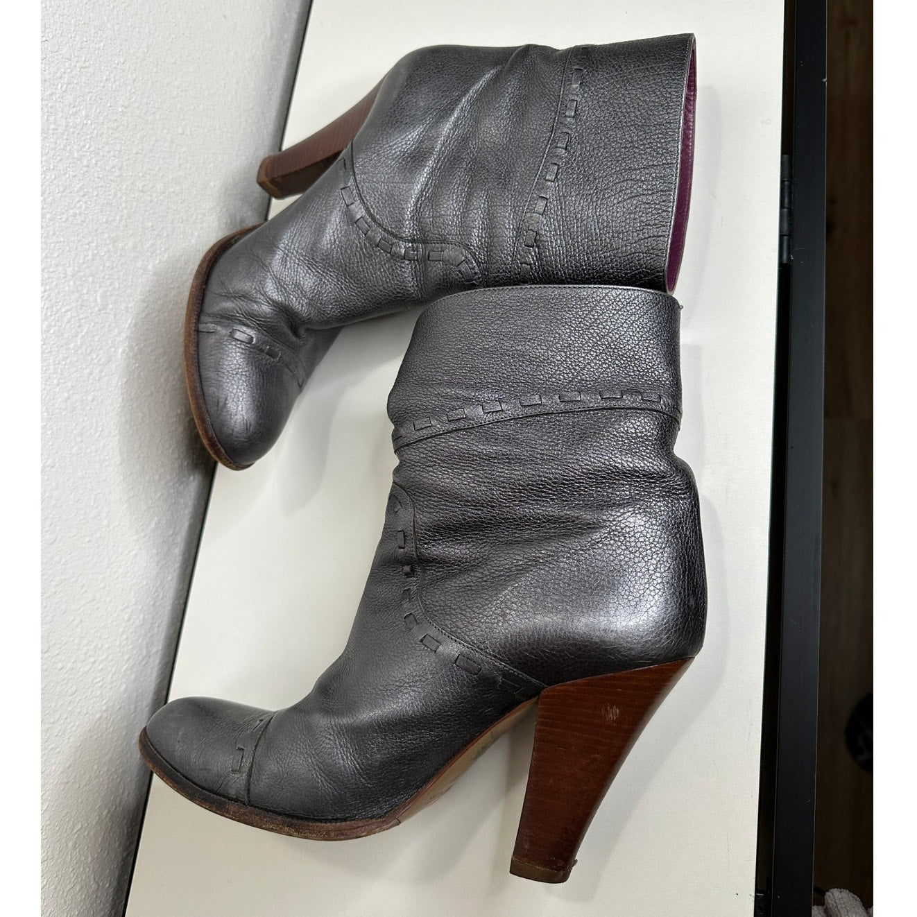 Marc Jacobs Gunmetal Silver Round toe Wooden Heel Ankle Boot 37.5 / 7