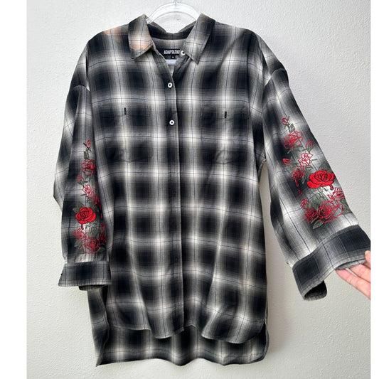 Adaptation Rose Embroidered Plaid Longline Shirt Dress Black White M
