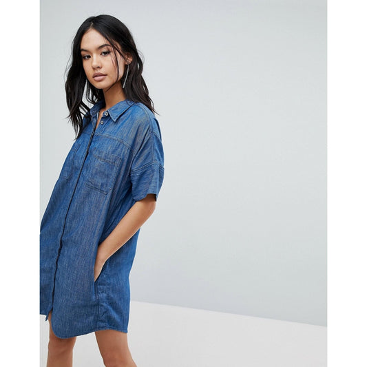 Blank NYC Medium Blue Denim Short Sleeve Pocket Jean Shirt Dress S