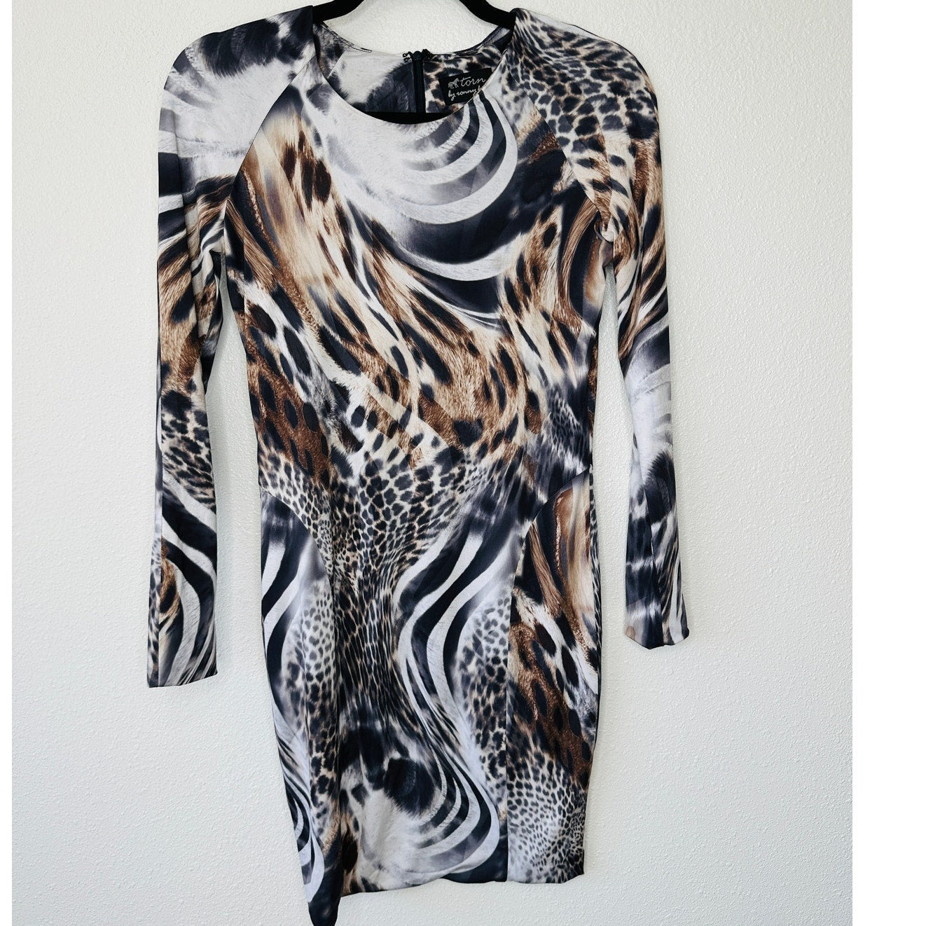 Torn by Ronny Kobo Black White Brown Animal Print Long Sleeve Bodycon Dress S