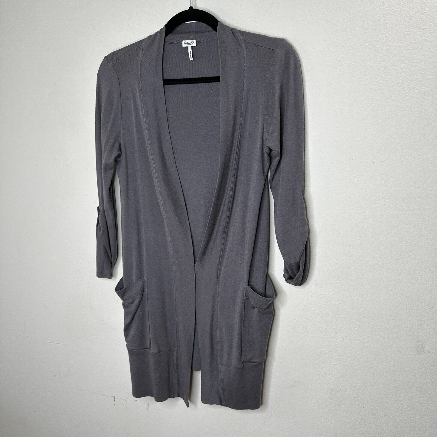 Splendid Slate Gray Open-Front Roll Tab Sleeve Front Pocket Stretch Cardigan XS