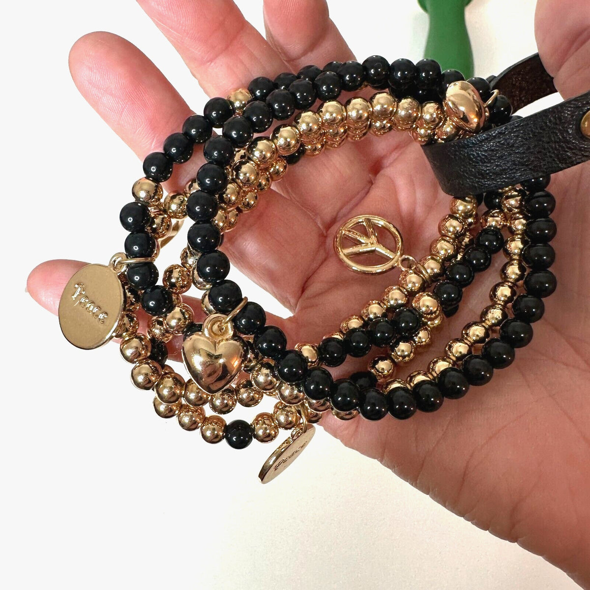 NWOT Macy's Black & Gold Multilayer Skull Heart Peace Bead Leather Wrap Bracelet