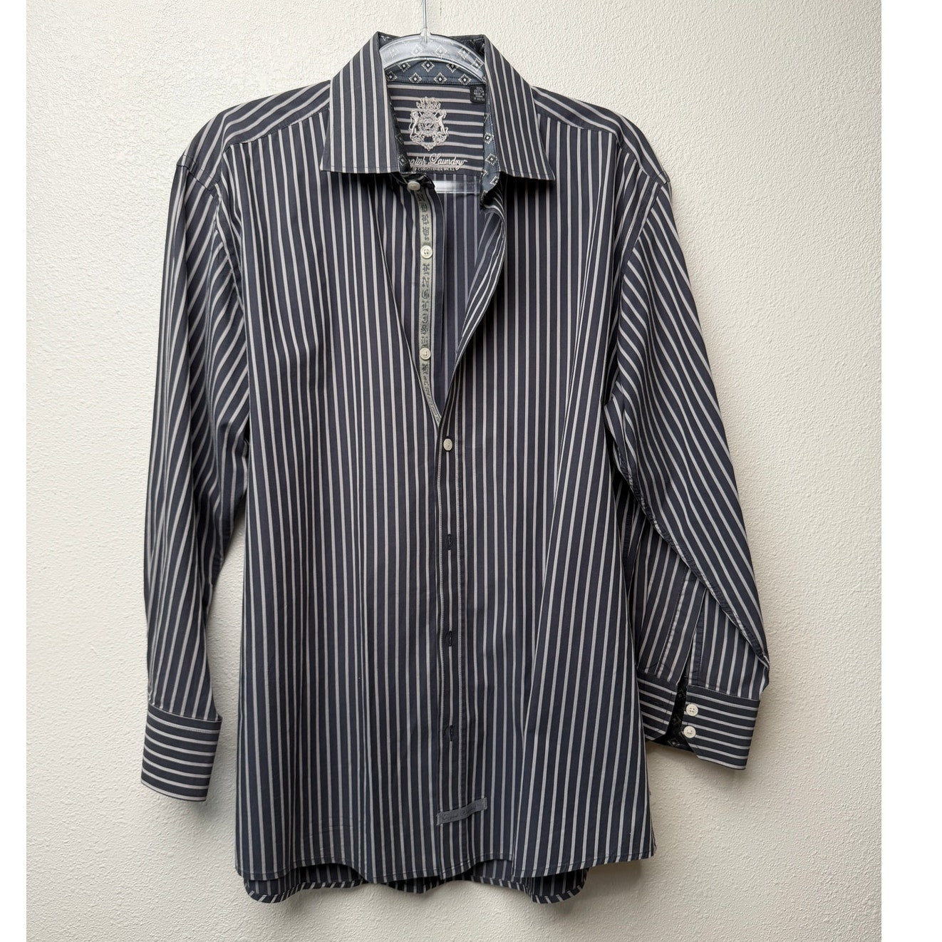 English Laundry Stripe Button Front Long Sleeve Shirt L Gray