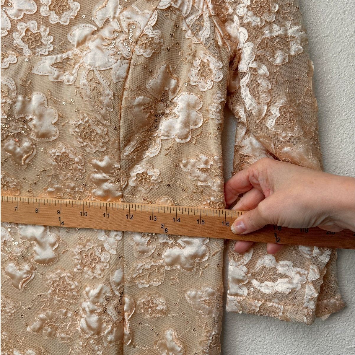 NWT Sue Wong Copper Lace Sheer Mesh Dress 3/4 Sleeve Floral Satin Size 14
