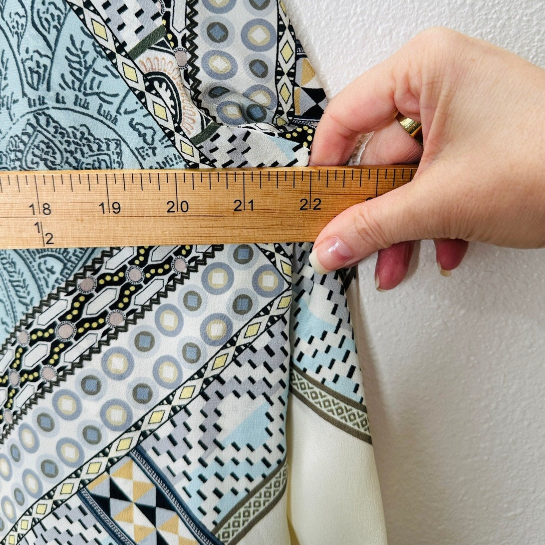 ETRO Pastel Cream Blue Multi Geometric Print Button Collar Silk Blouse  46 / L