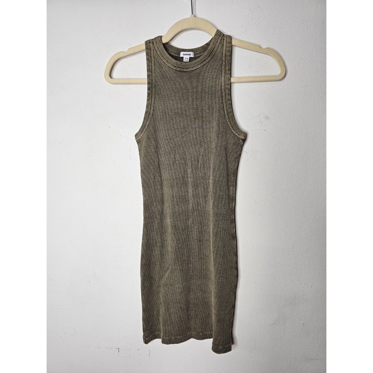 Garage Olive Green Rib Knit Sleeveless High Shoulder Tank Bodycon Mini Dress XS
