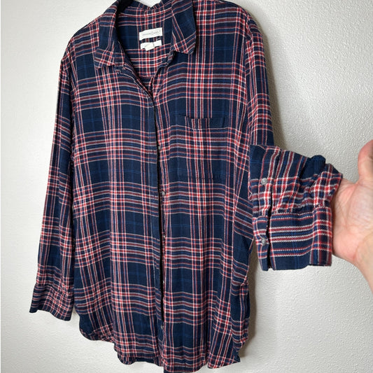 Treasure & Bond Navy Red White Plaid Collared Button Down Boyfriend Shirt L